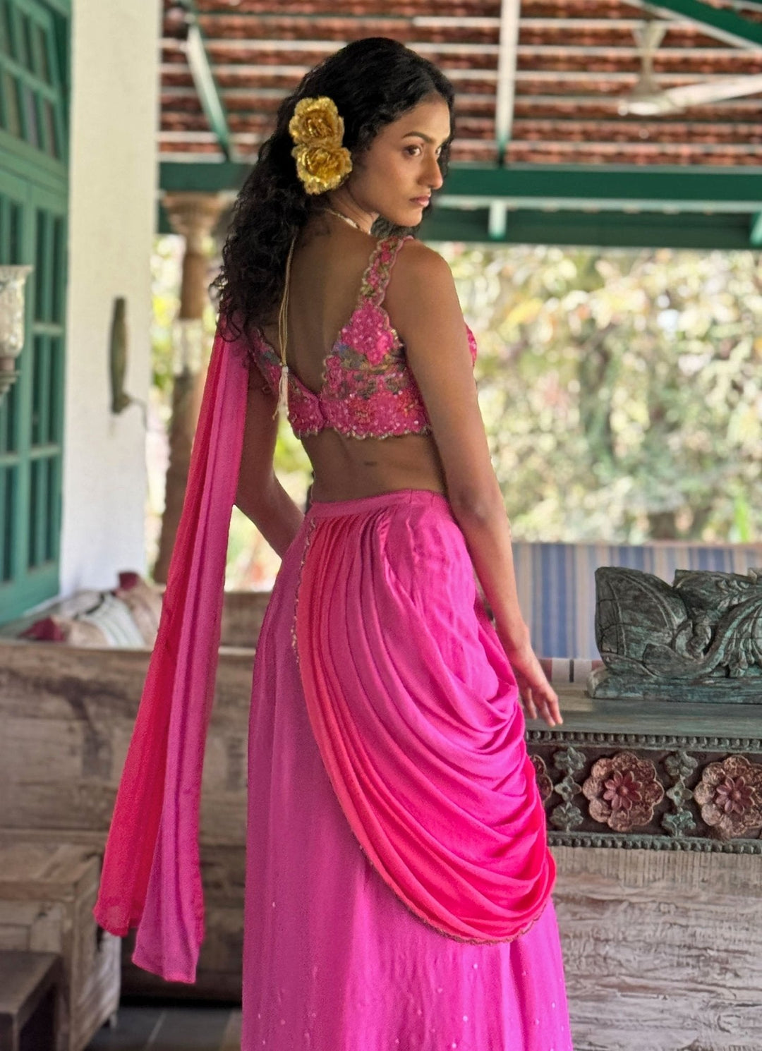 Hot Pink Pre - Draped Chiffon Saree Basil Leaf - Fabilicious Fashion
