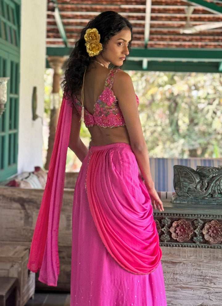 Hot Pink Pre - Draped Chiffon Saree Basil Leaf - Fabilicious Fashion