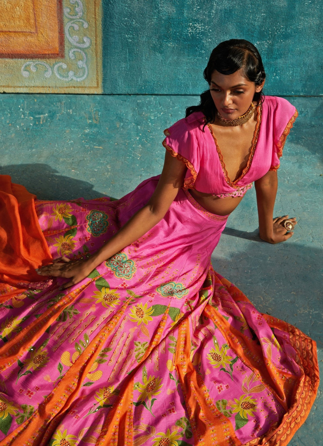 Hot Pink Printed And Embroidered Lehenga Set Basil Leaf - Fabilicious Fashion