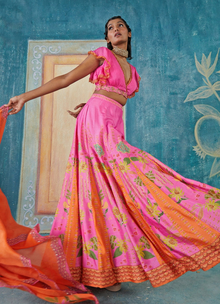 Hot Pink Printed And Embroidered Lehenga Set Basil Leaf - Fabilicious Fashion
