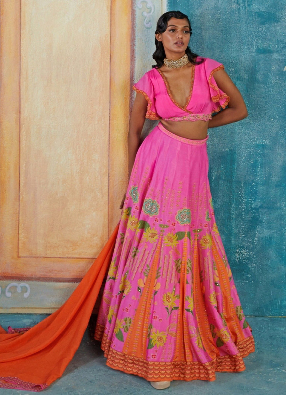Hot Pink Printed And Embroidered Lehenga Set Basil Leaf - Fabilicious Fashion
