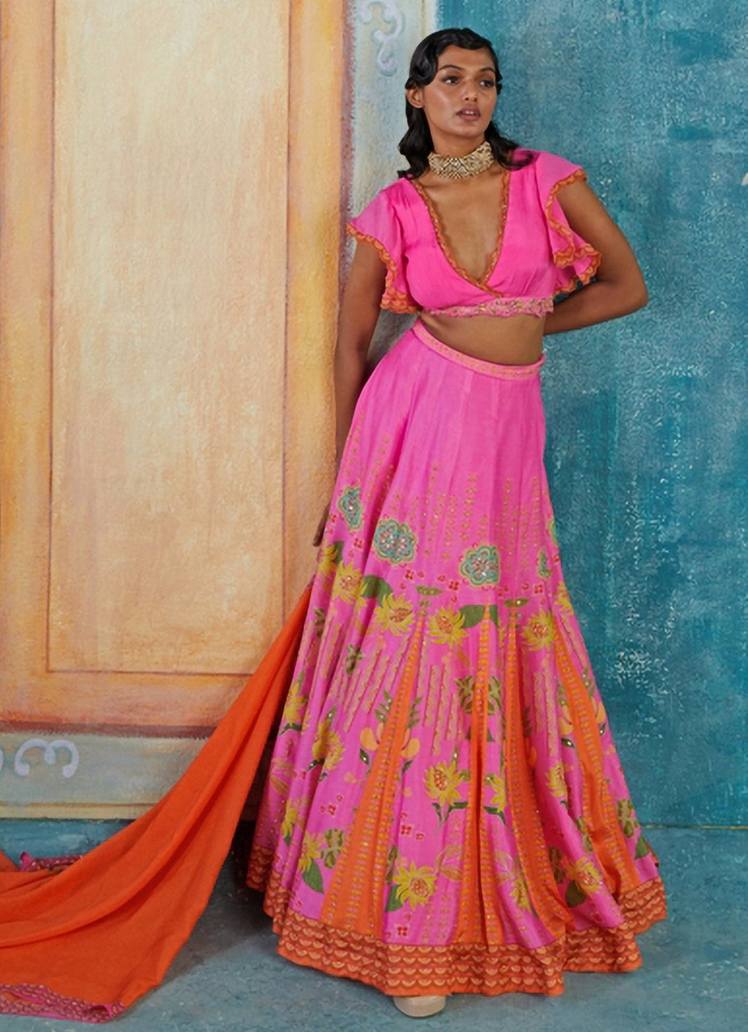 Hot Pink Printed And Embroidered Lehenga Set Basil Leaf - Fabilicious Fashion