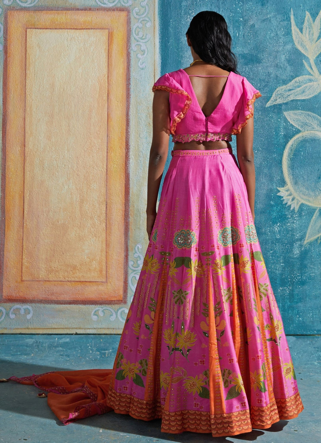 Hot Pink Printed And Embroidered Lehenga Set Basil Leaf - Fabilicious Fashion