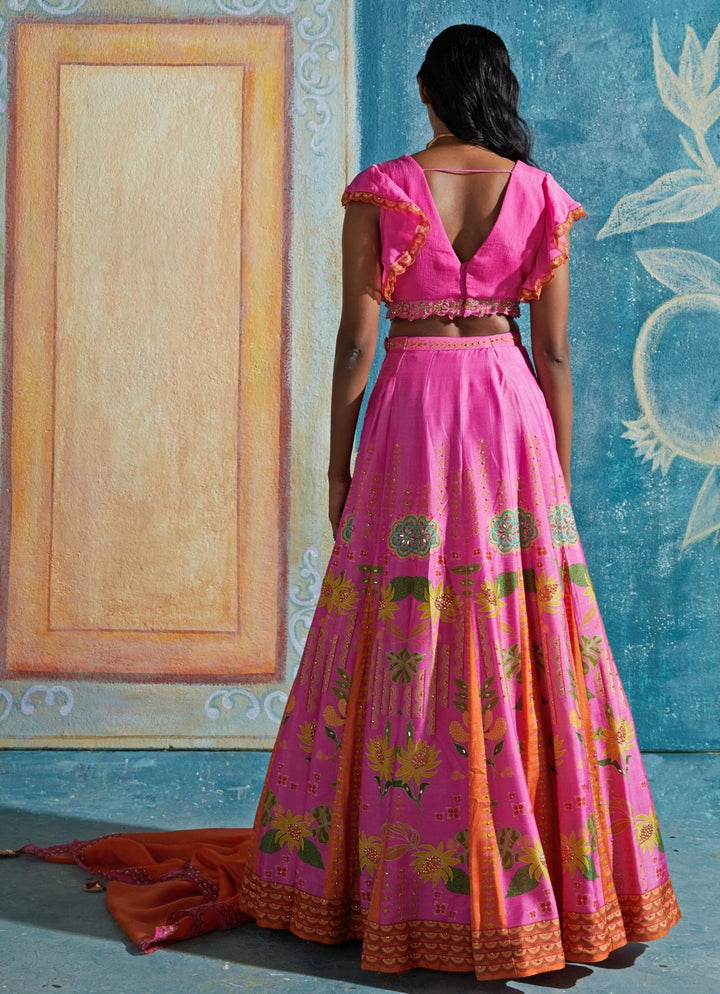 Hot Pink Printed And Embroidered Lehenga Set Basil Leaf - Fabilicious Fashion