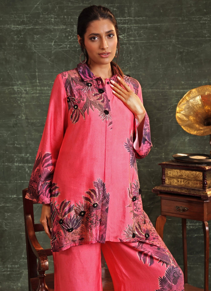 Hot Pink Printed Chanderi Collar Kurta And Palazzo Set Soup By Sougat Paul - Fabilicious Fashion
