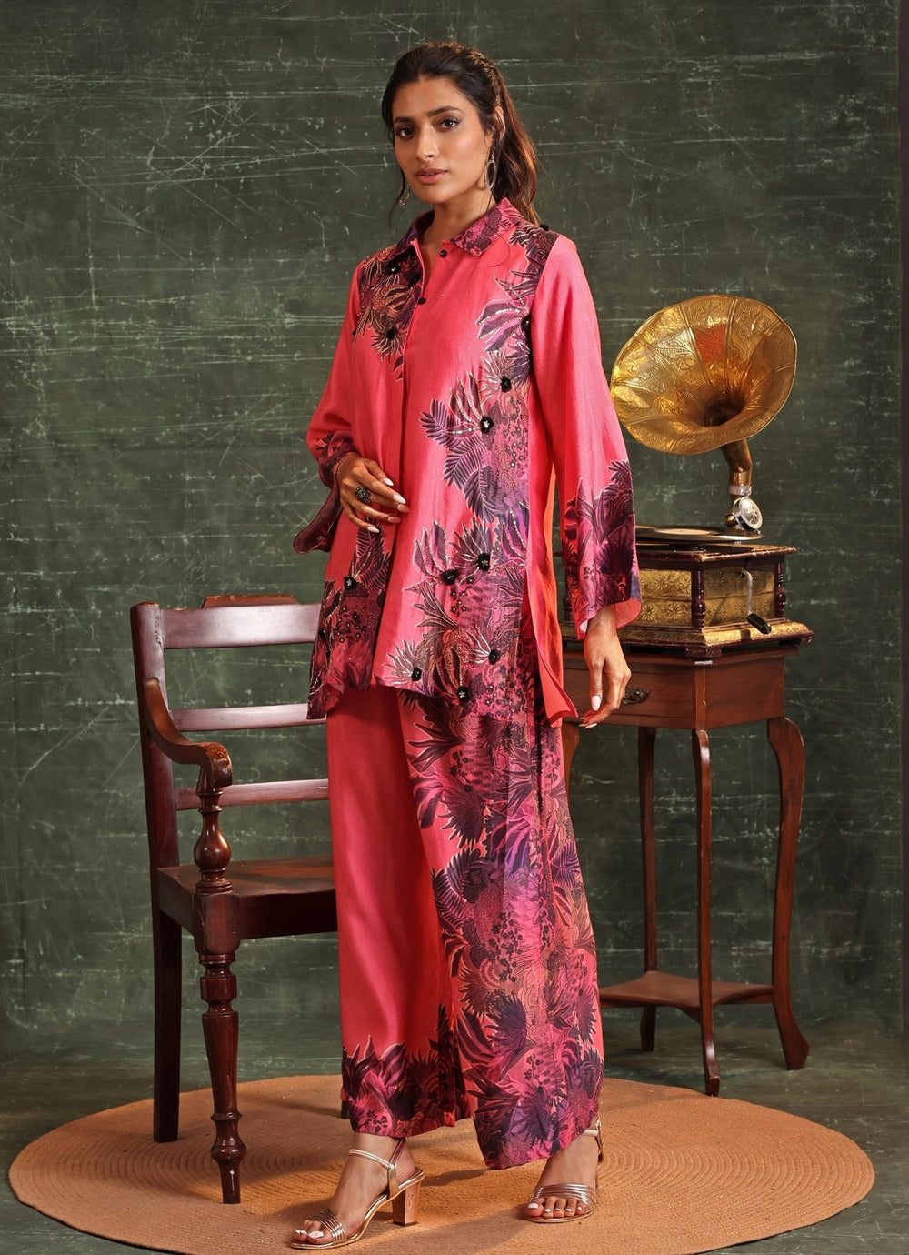 Hot Pink Printed Chanderi Collar Kurta And Palazzo Set Soup By Sougat Paul - Fabilicious Fashion