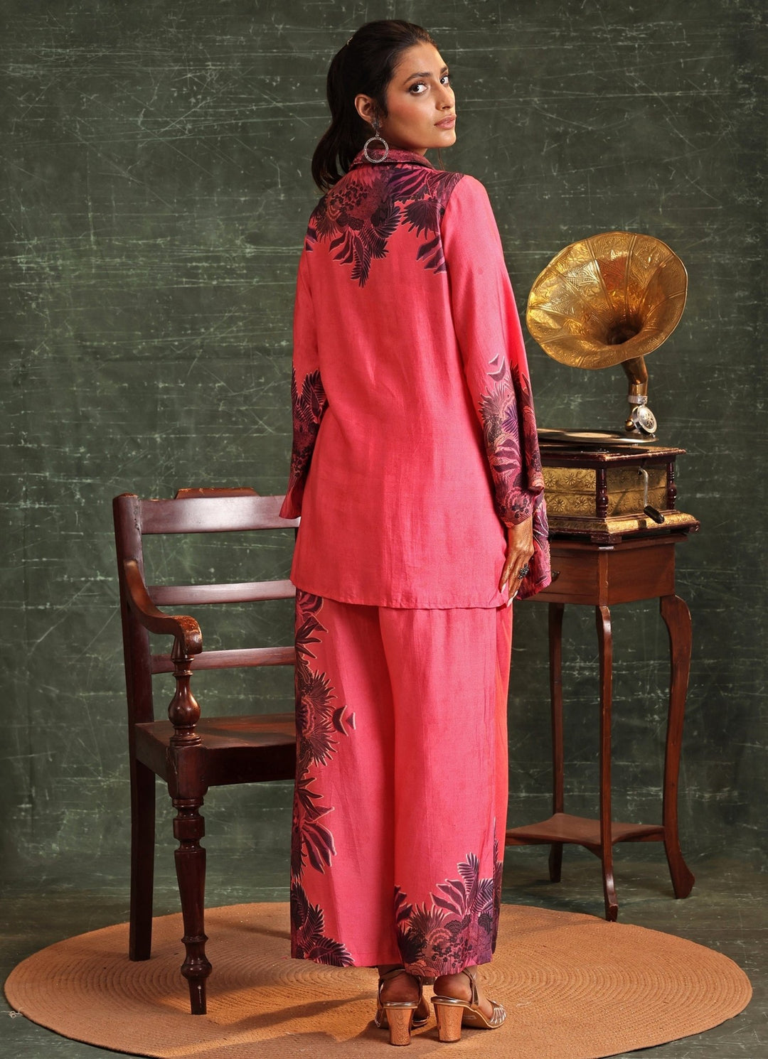Hot Pink Printed Chanderi Collar Kurta And Palazzo Set Soup By Sougat Paul - Fabilicious Fashion