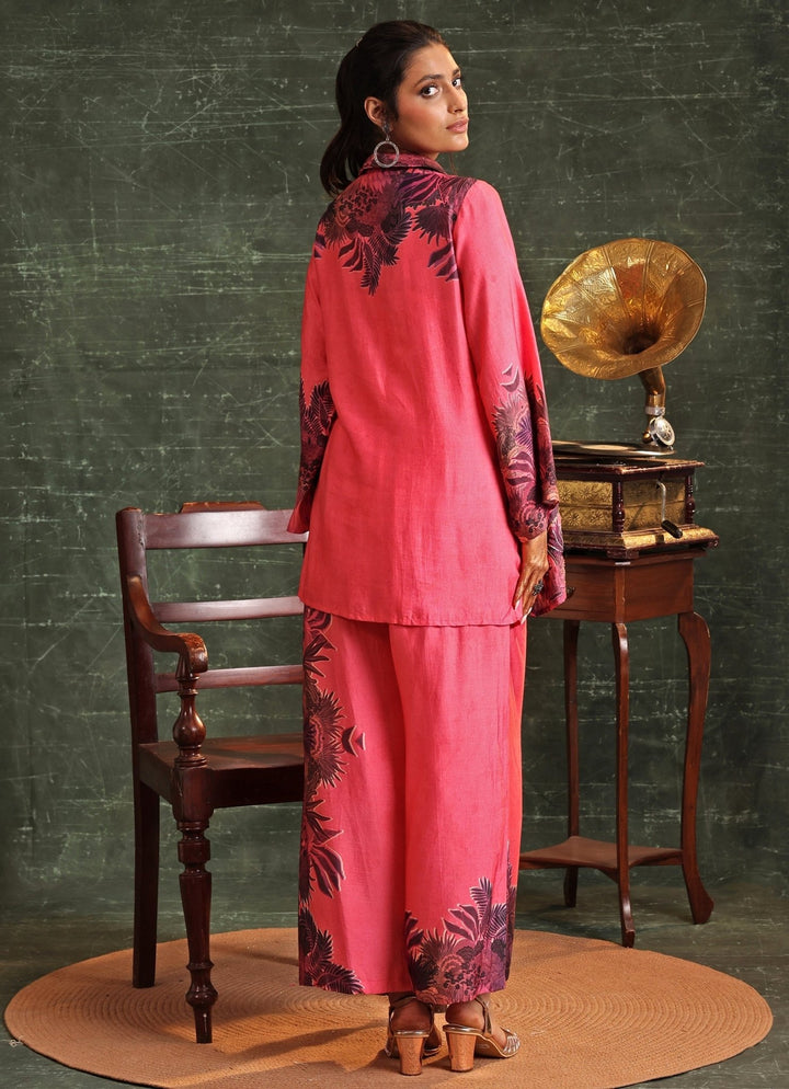 Hot Pink Printed Chanderi Collar Kurta And Palazzo Set Soup By Sougat Paul - Fabilicious Fashion