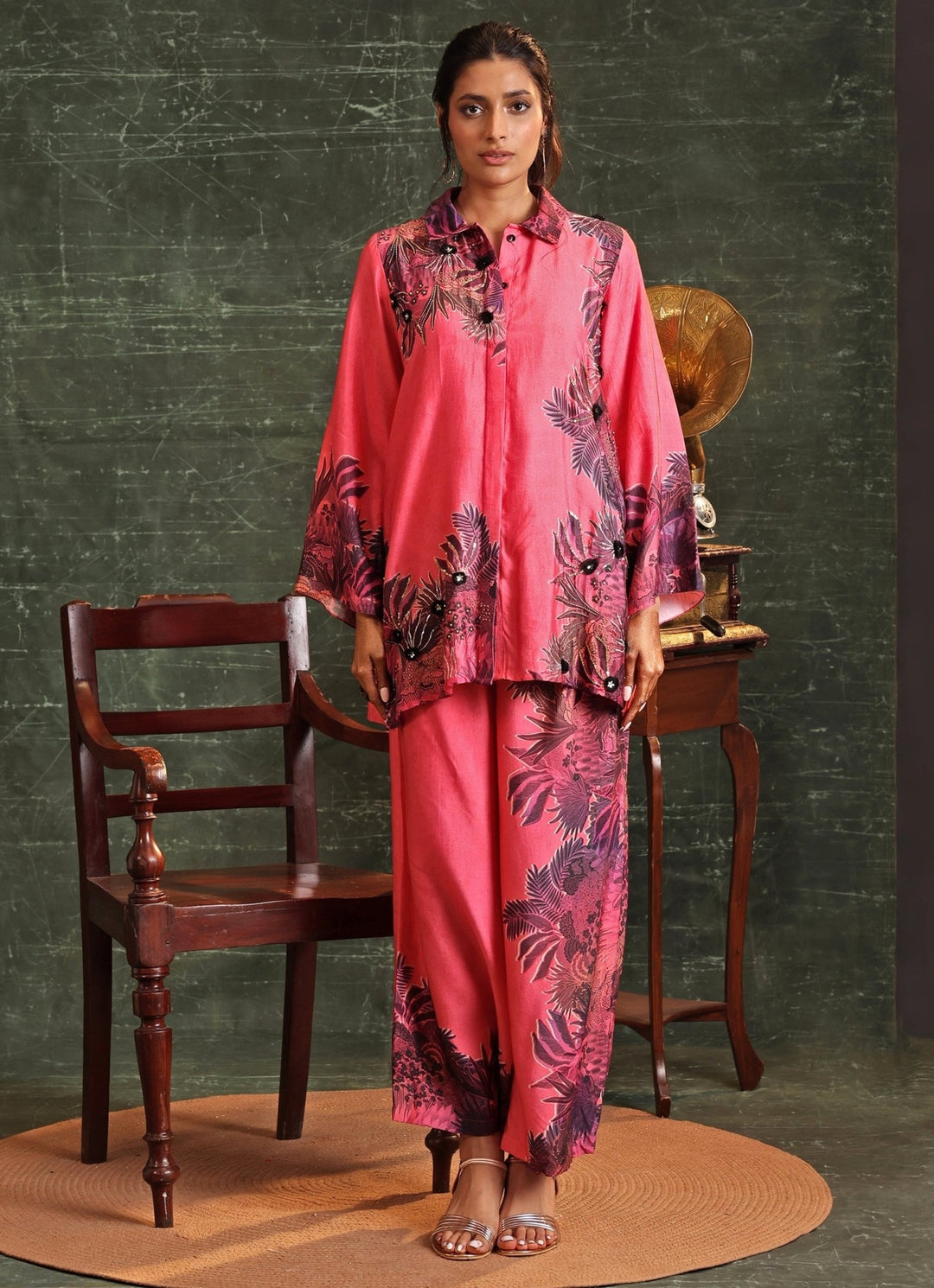 Hot Pink Printed Chanderi Collar Kurta And Palazzo Set Soup By Sougat Paul - Fabilicious Fashion
