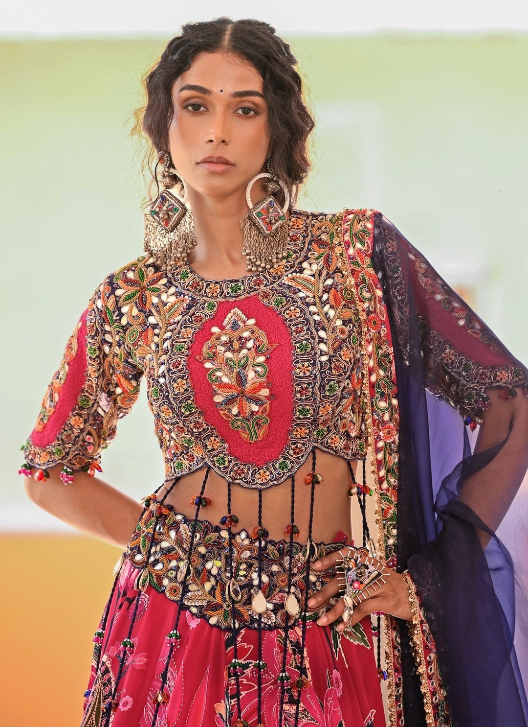 Juhi Bengani Hot Pink Printed Crepe Lehenga Set With Purple DupattaFabilicious Fashion