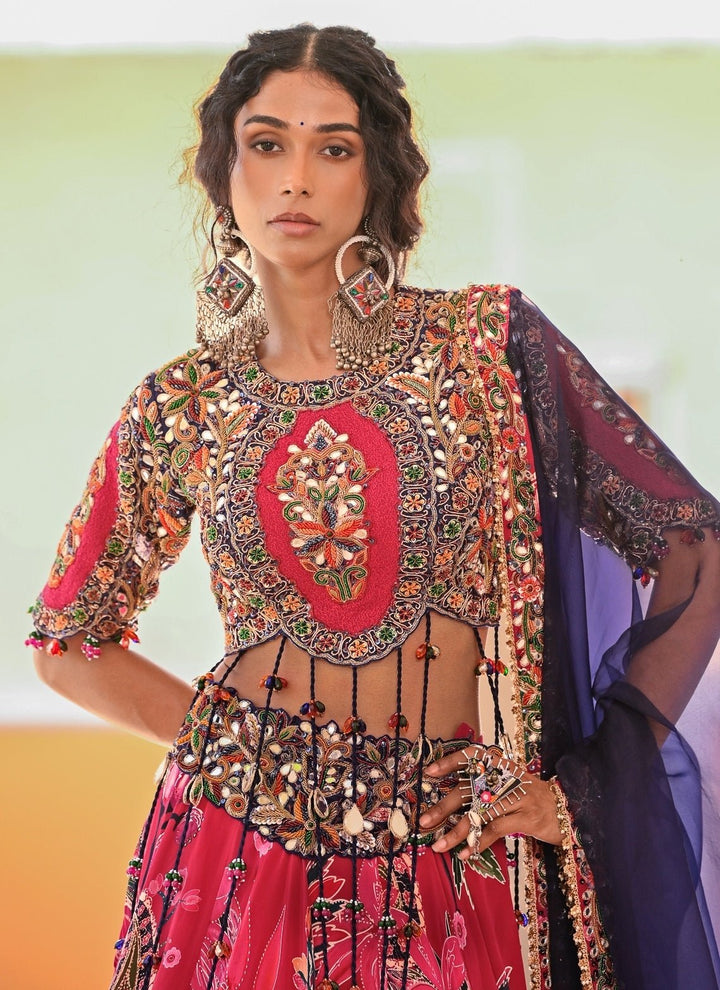 Juhi Bengani Hot Pink Printed Crepe Lehenga Set With Purple DupattaFabilicious Fashion