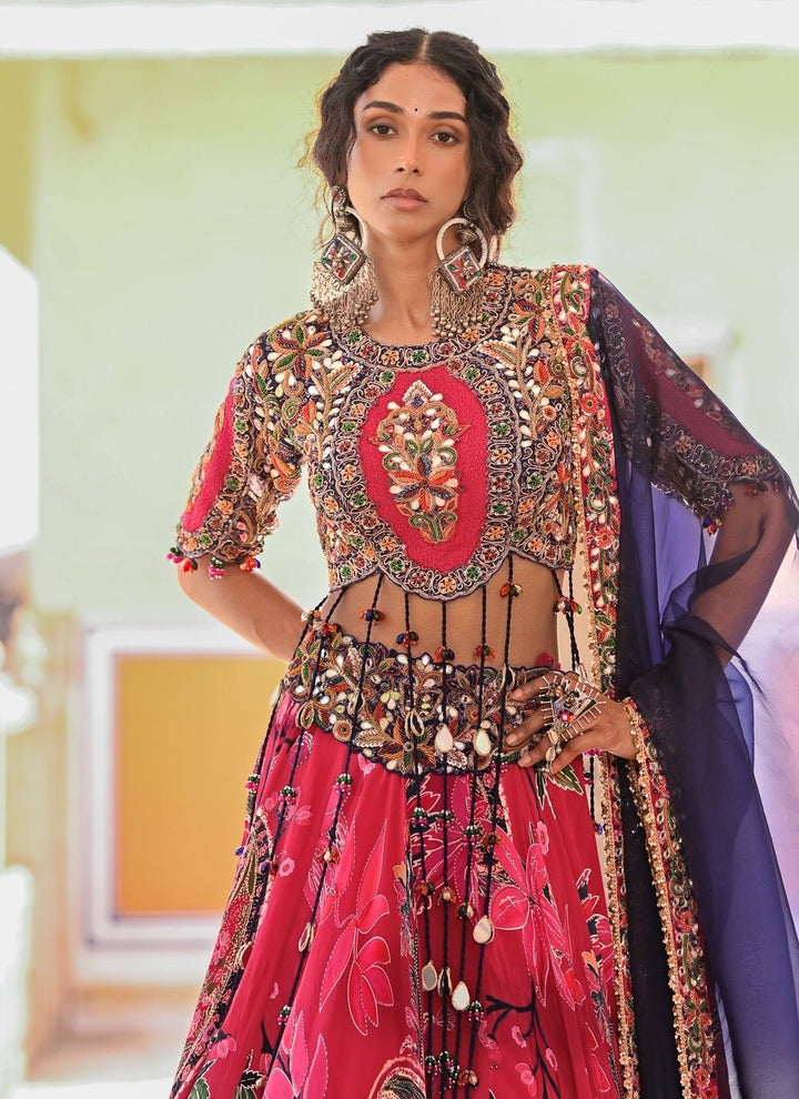 Juhi Bengani Hot Pink Printed Crepe Lehenga Set With Purple DupattaFabilicious Fashion