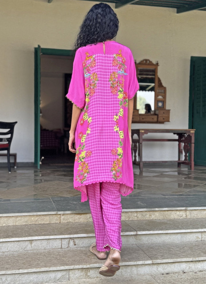Hot Pink Printed Kurta Pant Set Basil Leaf - Fabilicious Fashion