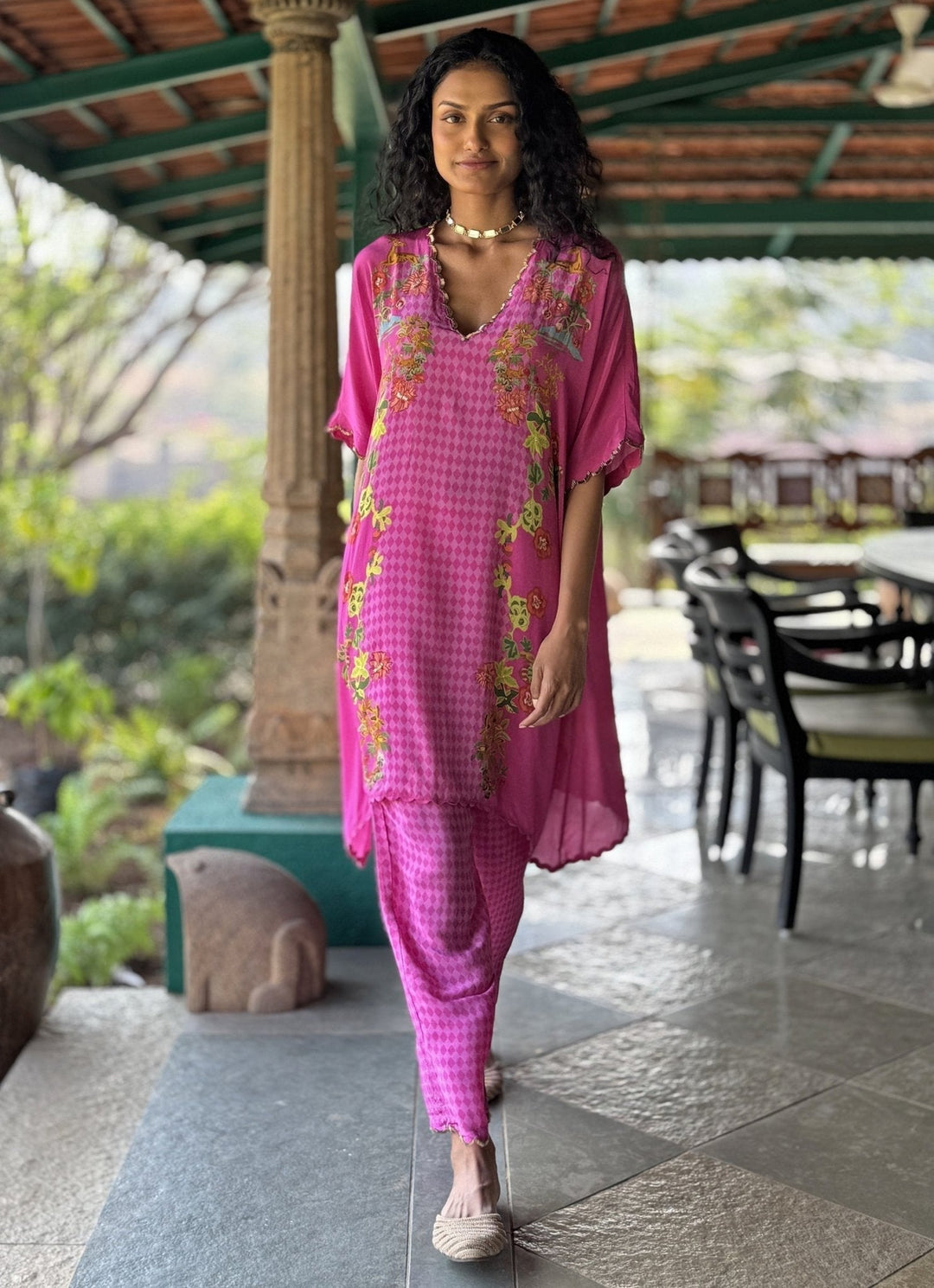 Hot Pink Printed Kurta Pant Set Basil Leaf - Fabilicious Fashion