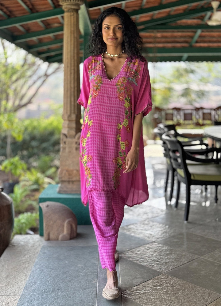 Hot Pink Printed Kurta Pant Set Basil Leaf - Fabilicious Fashion