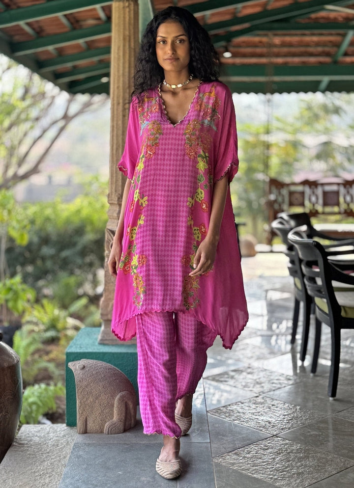 Hot Pink Printed Kurta Pant Set Basil Leaf - Fabilicious Fashion