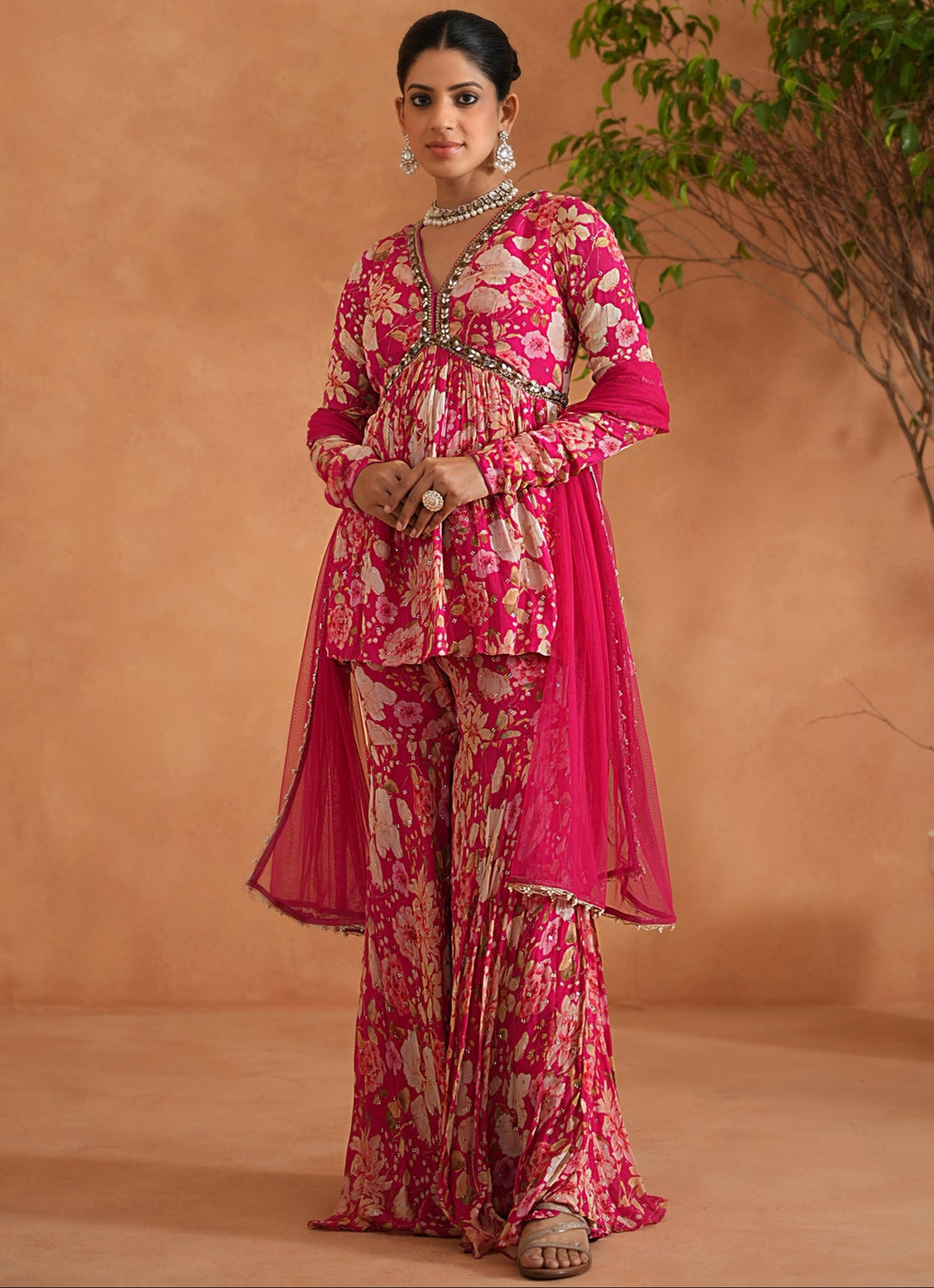 Hot Pink Printed Peplum Kurta Garara Set Deepika Chadha - Fabilicious Fashion