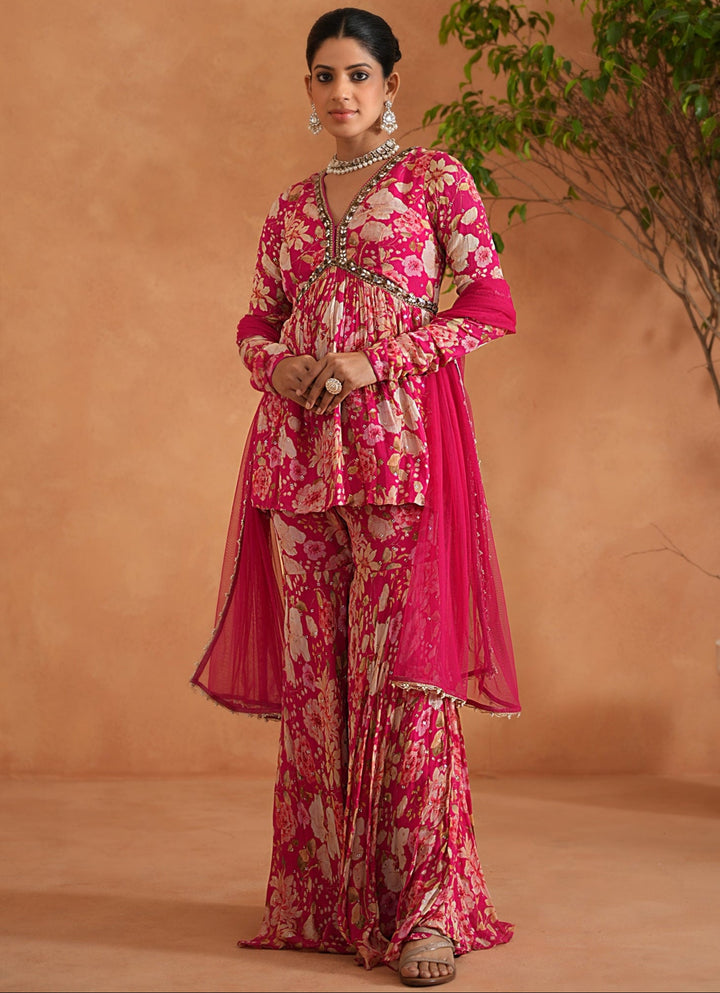 Hot Pink Printed Peplum Kurta Garara Set Deepika Chadha - Fabilicious Fashion
