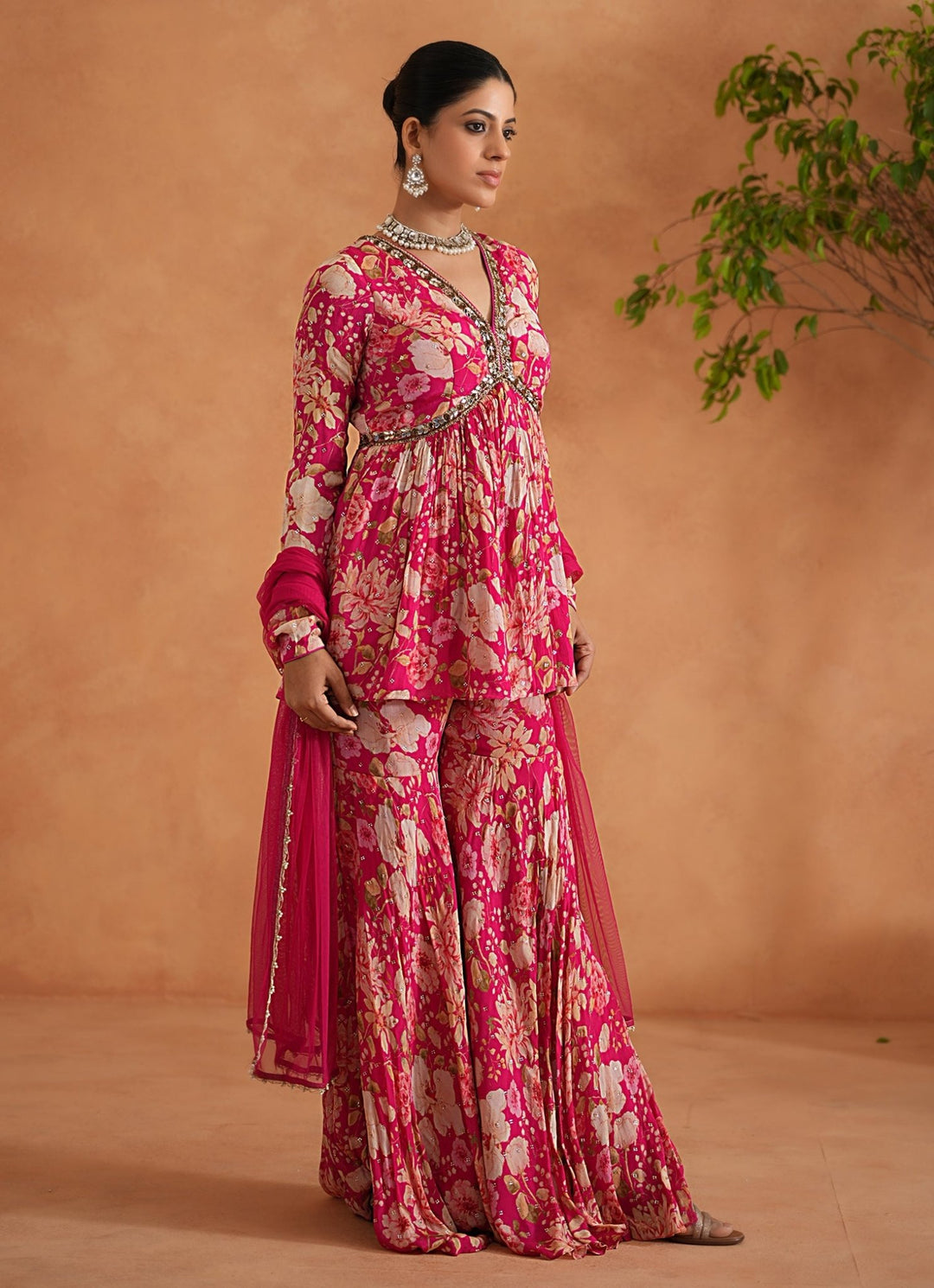 Hot Pink Printed Peplum Kurta Garara Set Deepika Chadha - Fabilicious Fashion
