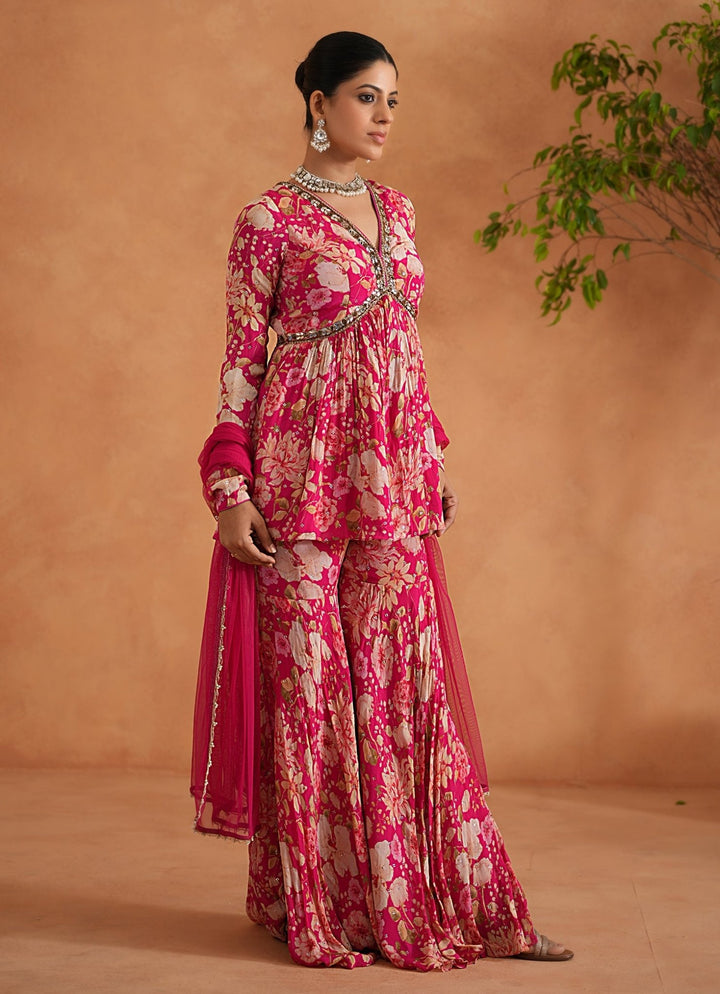 Hot Pink Printed Peplum Kurta Garara Set Deepika Chadha - Fabilicious Fashion