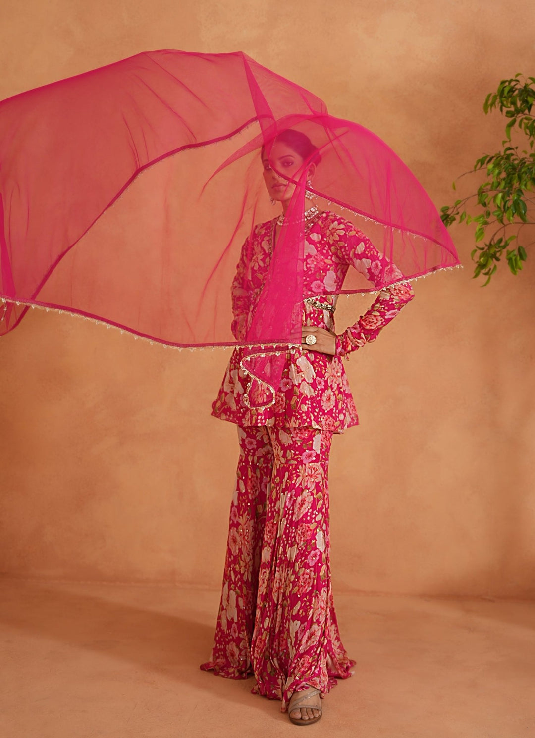 Hot Pink Printed Peplum Kurta Garara Set Deepika Chadha - Fabilicious Fashion