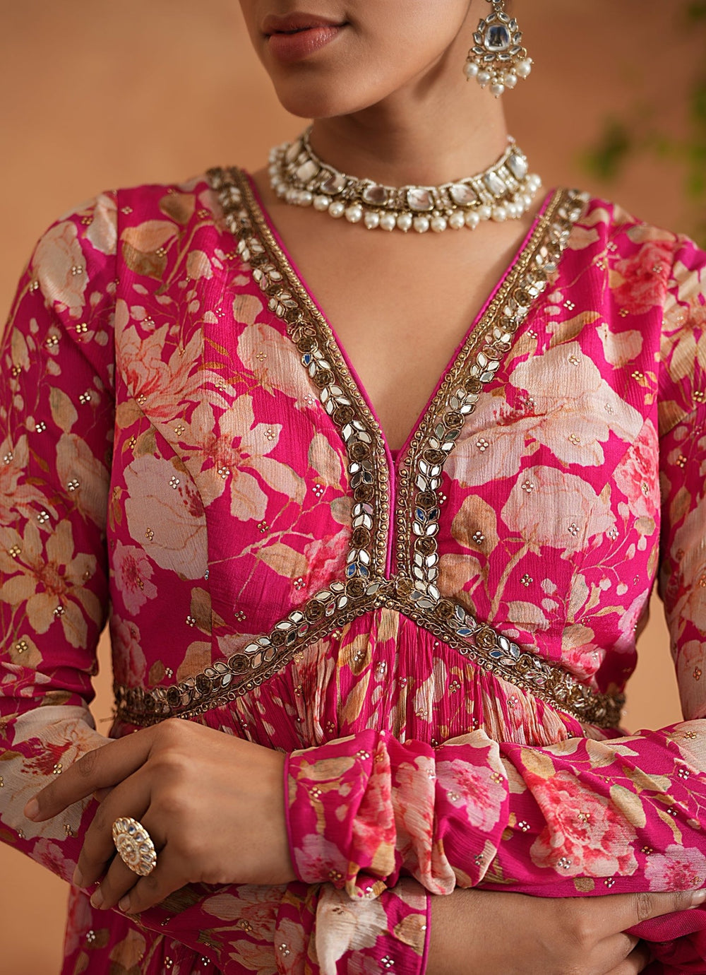 Hot Pink Printed Peplum Kurta Garara Set Deepika Chadha - Fabilicious Fashion