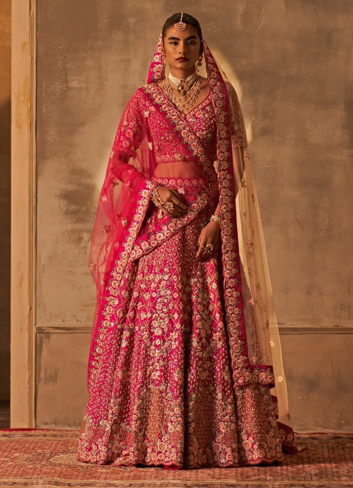 Angad Singh Hot Pink Raw Silk Double Dupatta Bridal Lehenga SetFabilicious Fashion