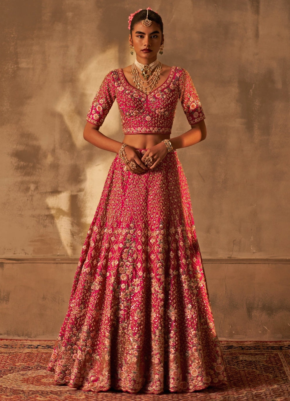 Hot Pink Raw Silk Double Dupatta Bridal Lehenga Set Angad Singh - Fabilicious Fashion
