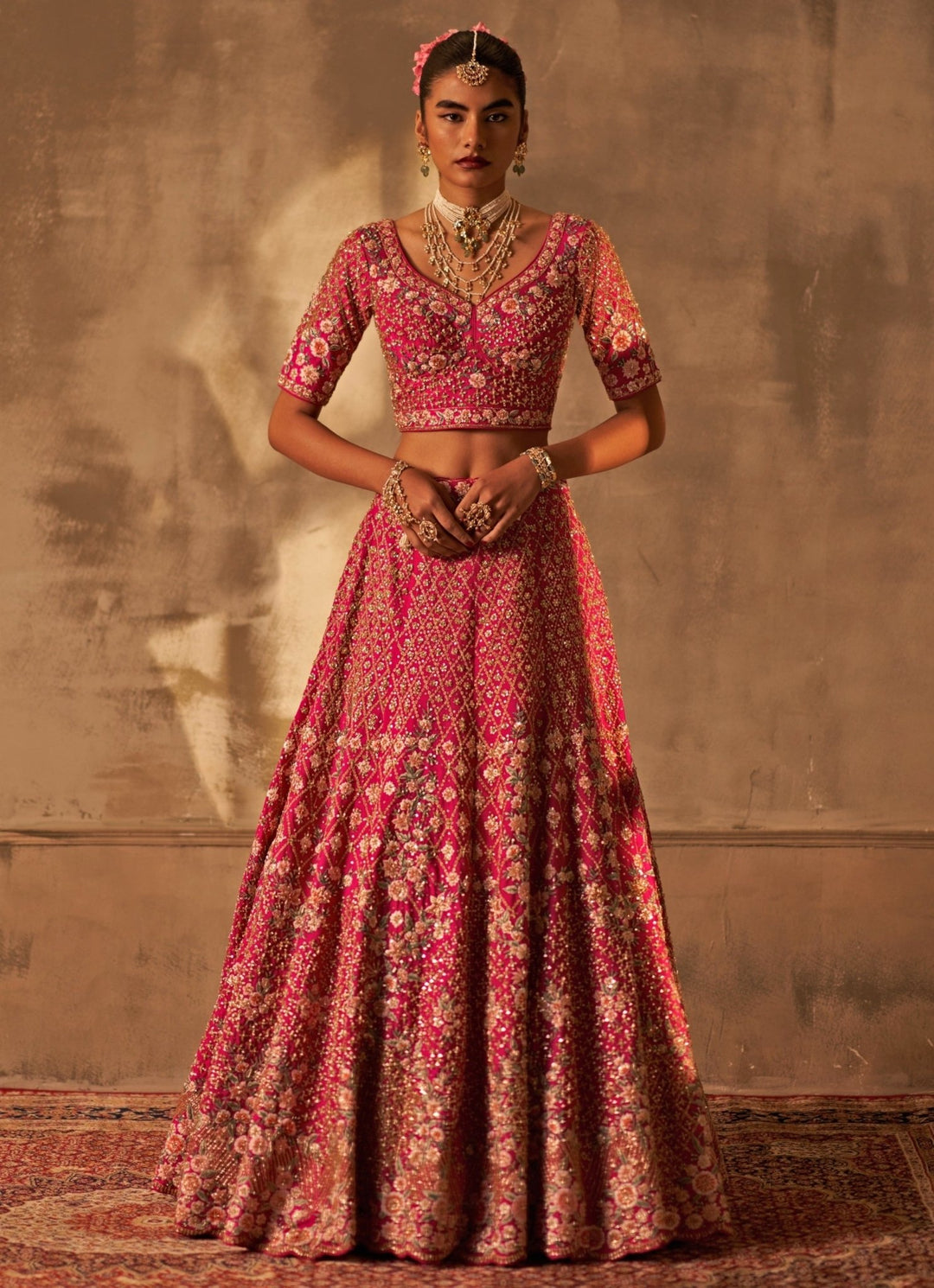 Angad Singh Hot Pink Raw Silk Double Dupatta Bridal Lehenga SetFabilicious Fashion