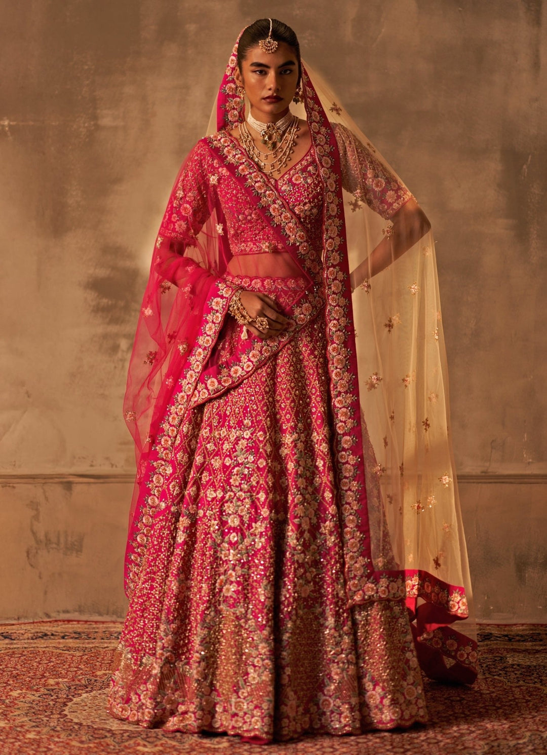 Hot Pink Raw Silk Double Dupatta Bridal Lehenga Set Angad Singh - Fabilicious Fashion