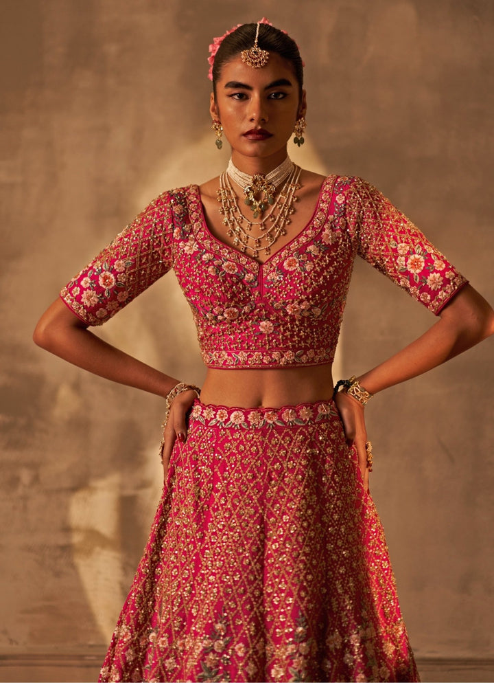Angad Singh Hot Pink Raw Silk Double Dupatta Bridal Lehenga SetFabilicious Fashion