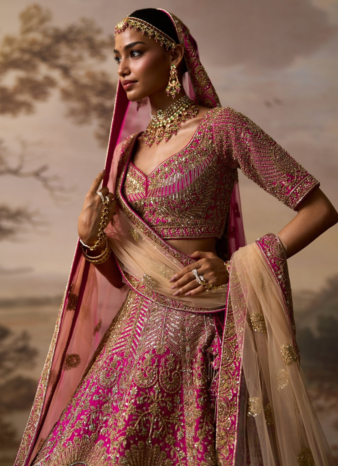 Angad Singh Hot Pink Raw Silk Double Dupatta Bridal LehengaFabilicious Fashion