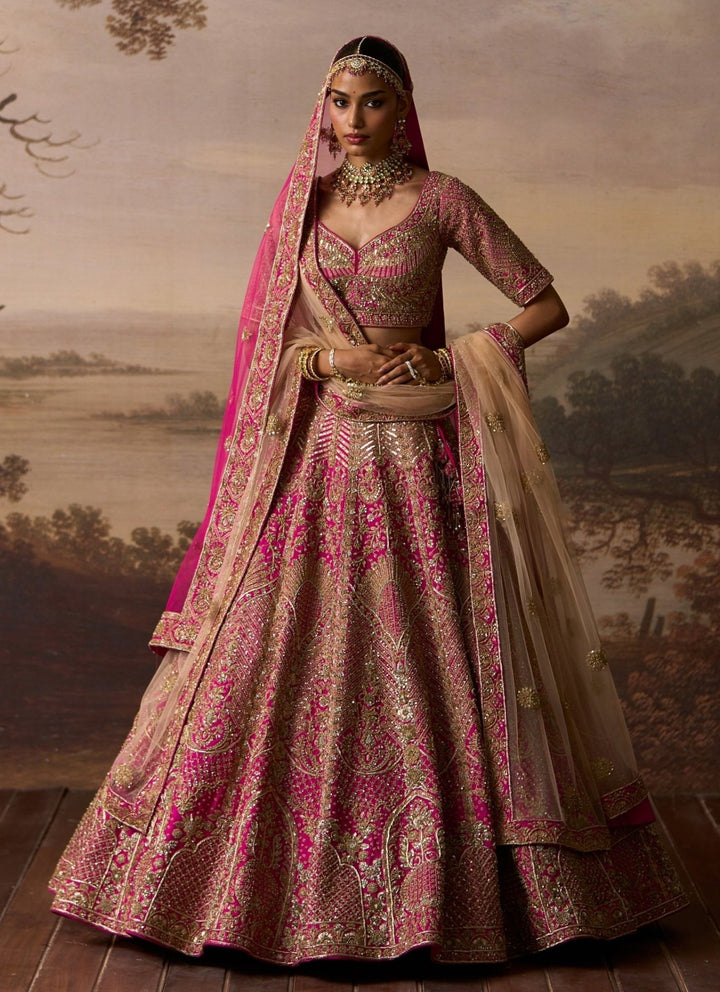 Angad Singh Hot Pink Raw Silk Double Dupatta Bridal LehengaFabilicious Fashion