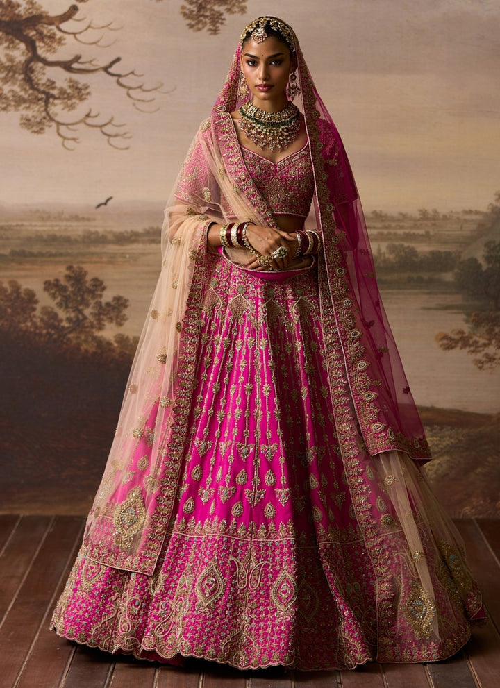 Angad Singh Hot Pink Raw Silk Double Dupatta Lehenga SetFabilicious Fashion