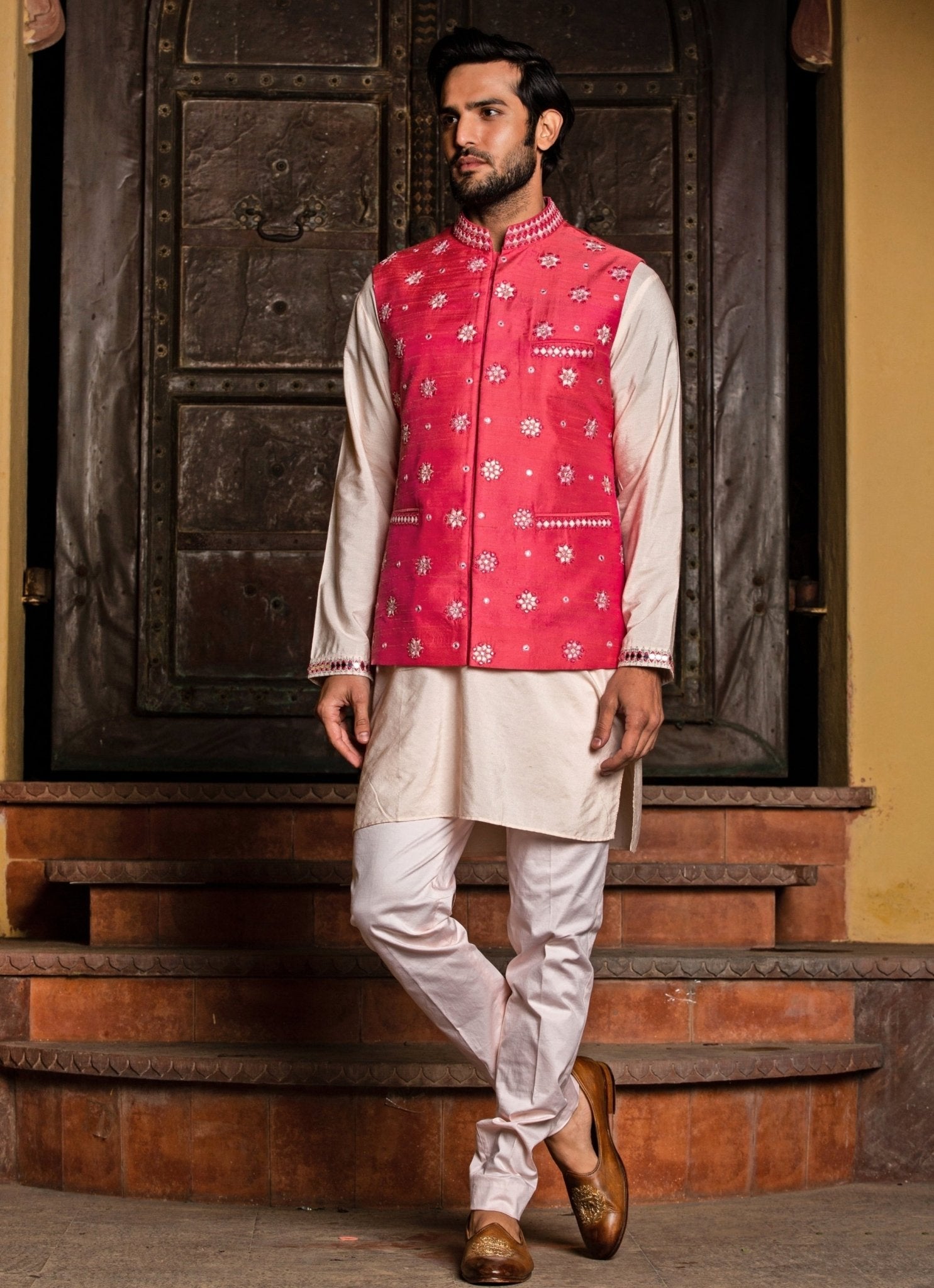Hot pink raw silk nehru jacket with blush kurta set for mehendi or festive daytime wedding event