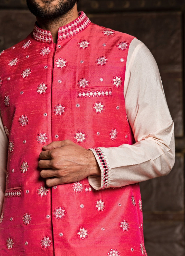 Hot Pink Raw Silk Nehru Jacket with Blush Kurta Set Nitika Gujral - Men - Fabilicious Fashion