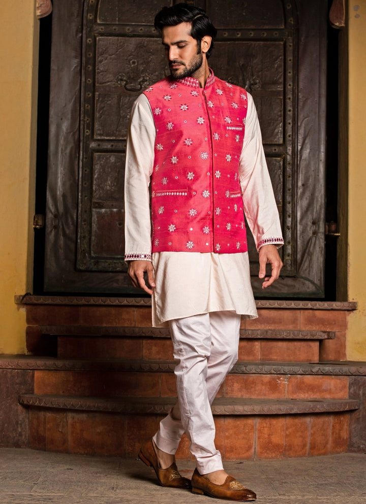 Hot Pink Raw Silk Nehru Jacket with Blush Kurta Set Nitika Gujral - Men - Fabilicious Fashion