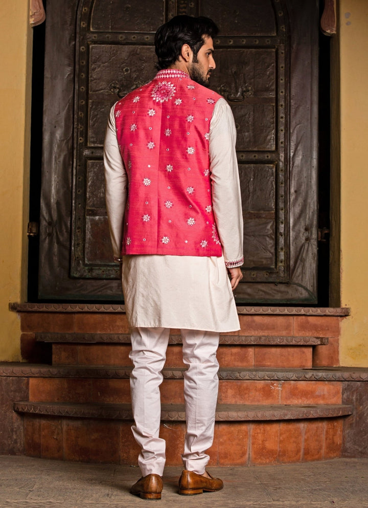 Hot Pink Raw Silk Nehru Jacket with Blush Kurta Set Nitika Gujral - Men - Fabilicious Fashion