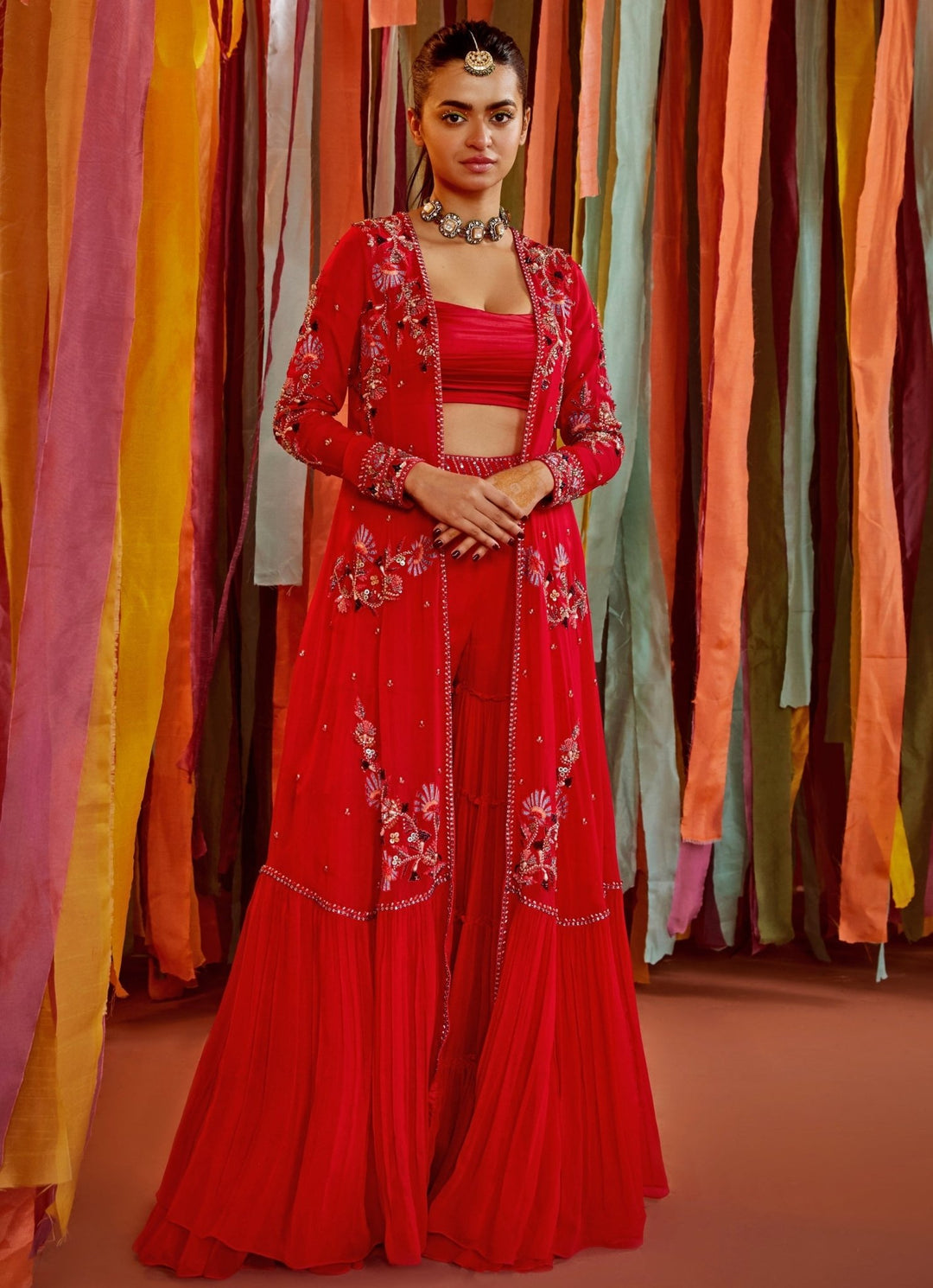 Hot Pink Resham Embroidered Blouse Sharara Set With Cape Sanya Gulati - Fabilicious Fashion