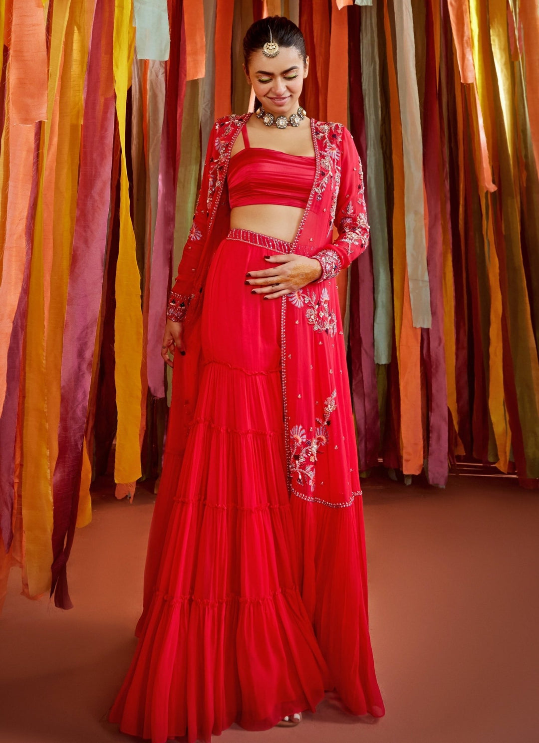 Hot Pink Resham Embroidered Blouse Sharara Set With Cape Sanya Gulati - Fabilicious Fashion