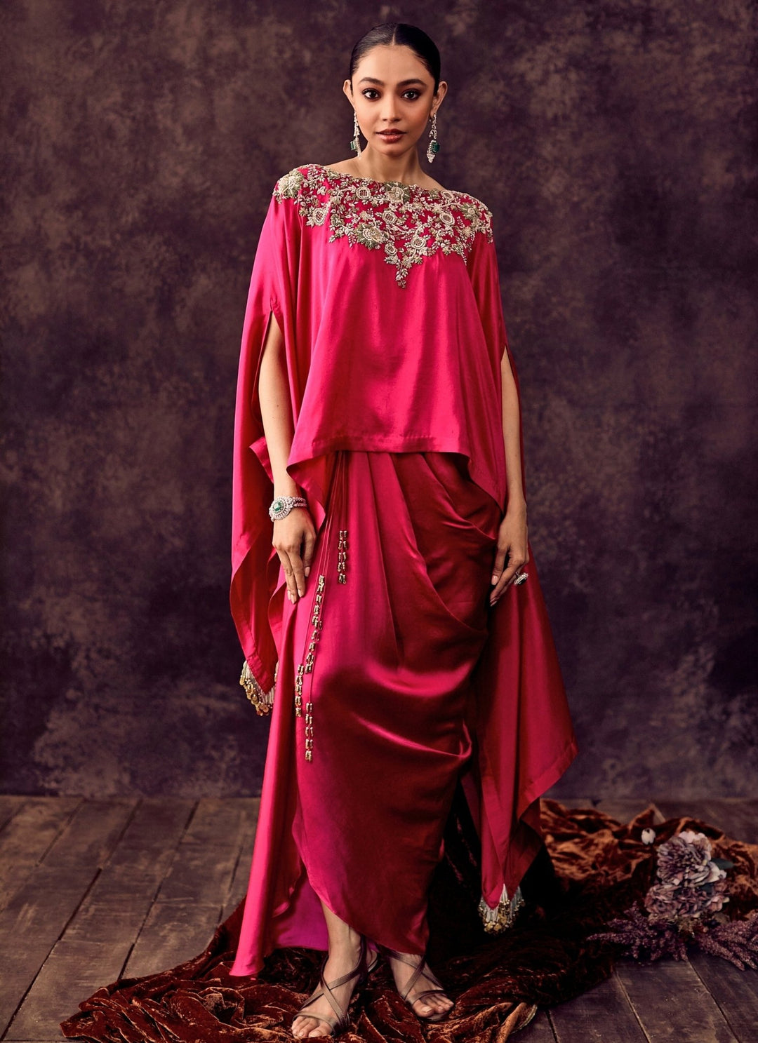 Prisho Hot Pink Satin Drape Skirt With KaftanFabilicious Fashion