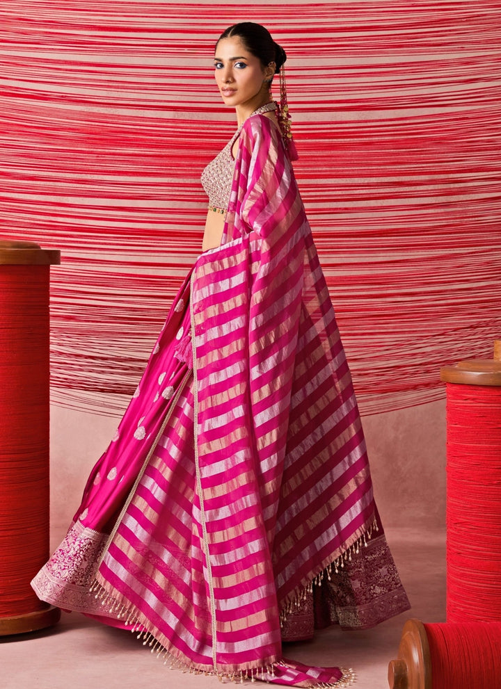 Chamee And Palak Hot Pink Satin Jamewar Lehenga SetFabilicious Fashion