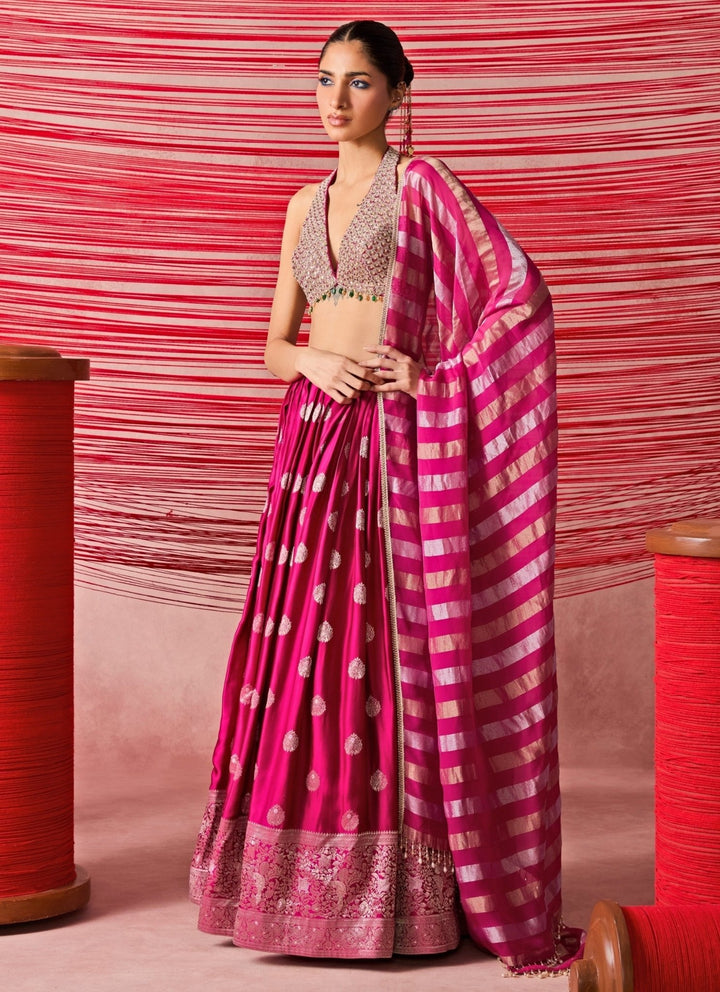 Chamee And Palak Hot Pink Satin Jamewar Lehenga SetFabilicious Fashion