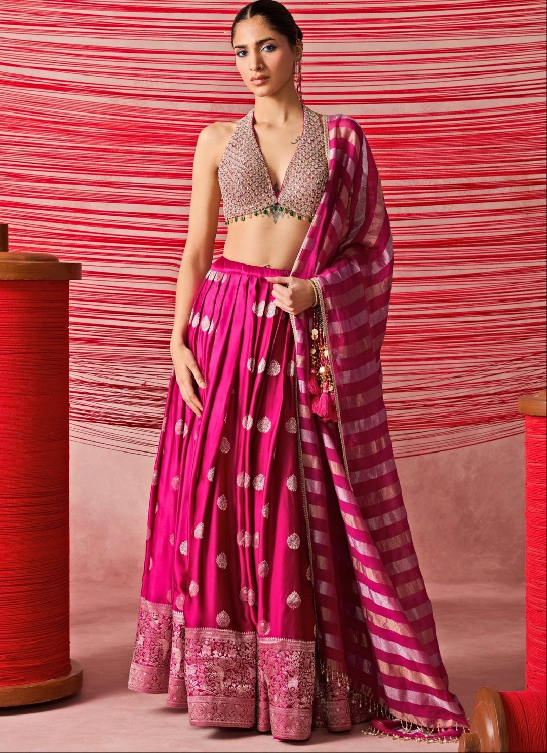 Chamee And Palak Hot Pink Satin Jamewar Lehenga SetFabilicious Fashion