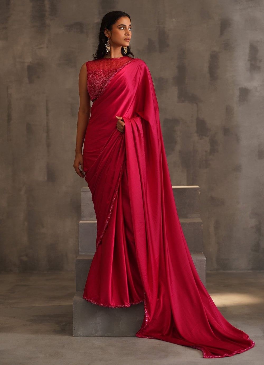 Hot Pink Satin Predraped Saree Deepika Chadha - Fabilicious Fashion