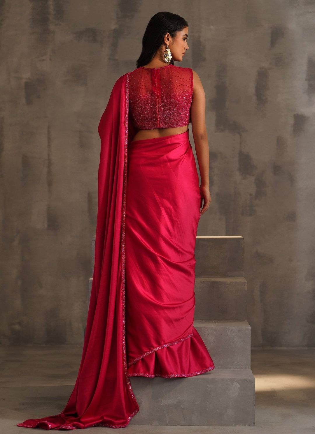 Hot Pink Satin Predraped Saree Deepika Chadha - Fabilicious Fashion