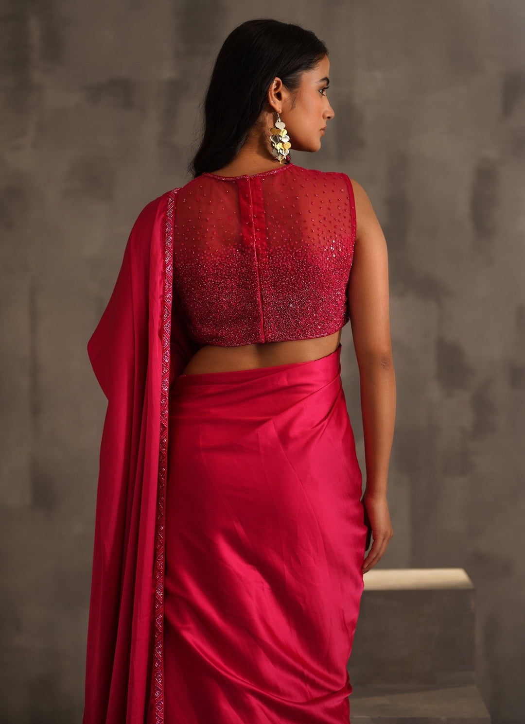 Hot Pink Satin Predraped Saree Deepika Chadha - Fabilicious Fashion