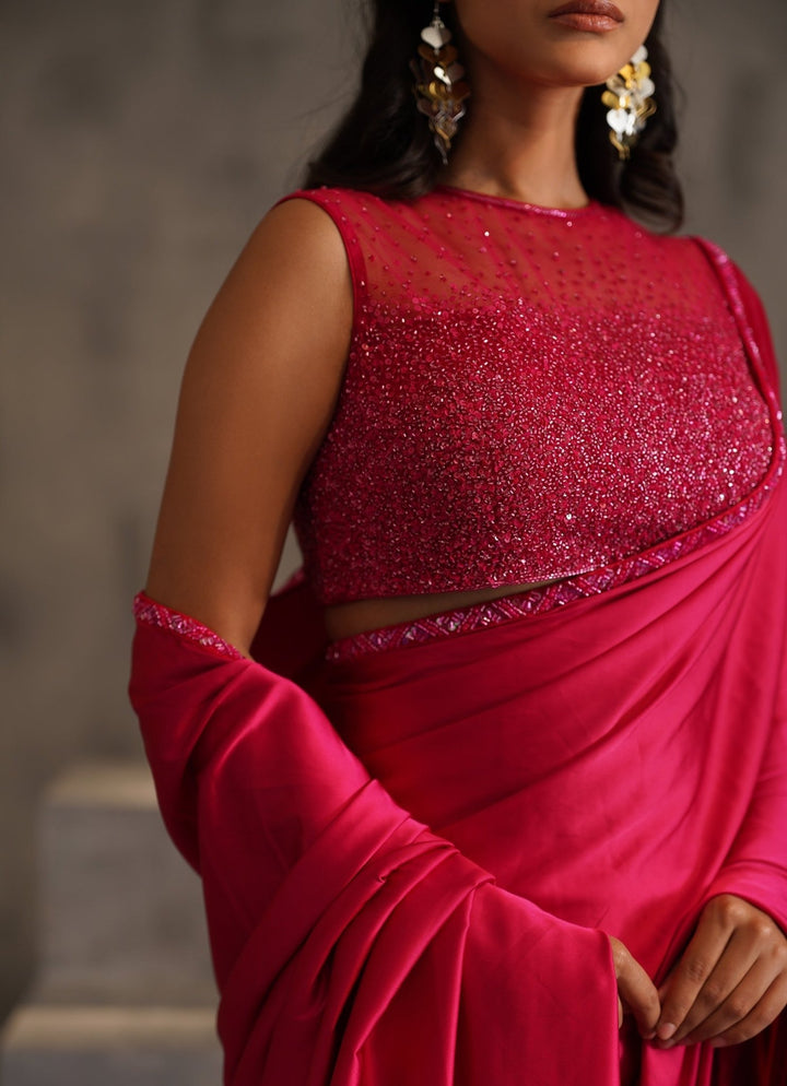 Hot Pink Satin Predraped Saree Deepika Chadha - Fabilicious Fashion