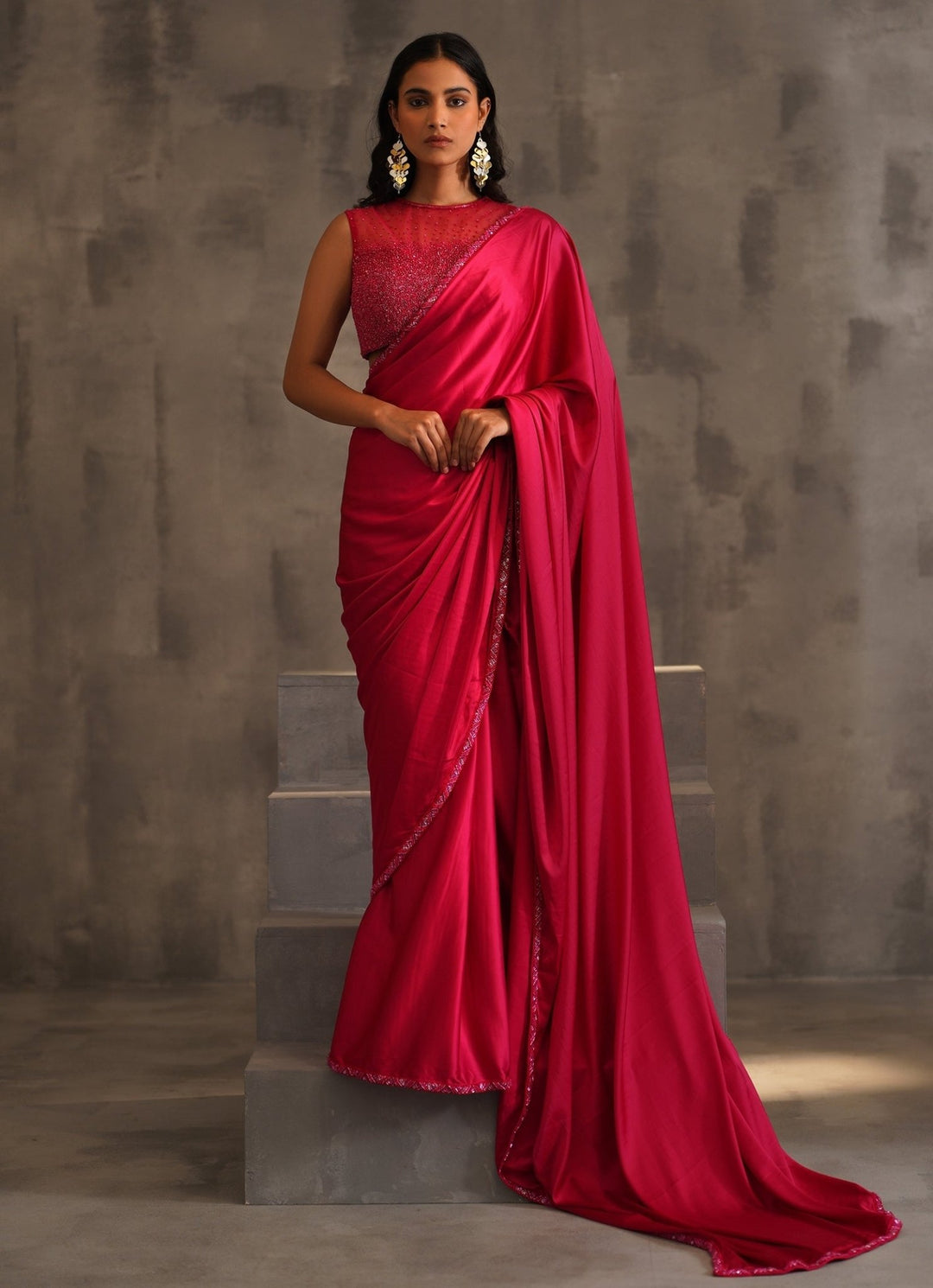 Hot Pink Satin Predraped Saree Deepika Chadha - Fabilicious Fashion