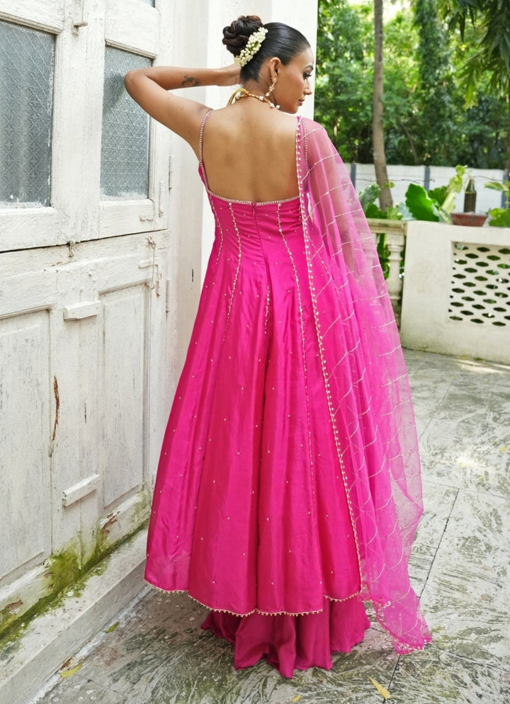 Hot Pink Silk Anarkali Set With Sharara Enamour by Radha - Fabilicious Fashion